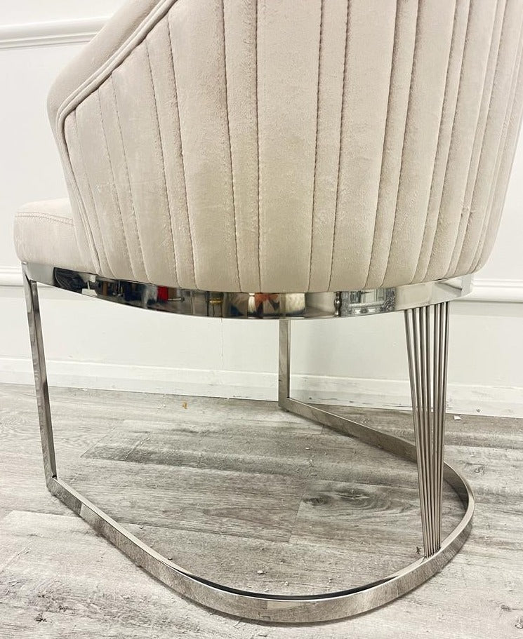 Premium Chelmsford Cream Velvet Dining Chair, modern design, vertical ribbed stitch back. Ultimate contemporary vibe. High Quality gold stainless steal base