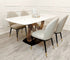 The Orion Dining Table with chairs with white sintered stone top and gold base, upscale home furnishings elegant dining sets, premium tables, marble tables,