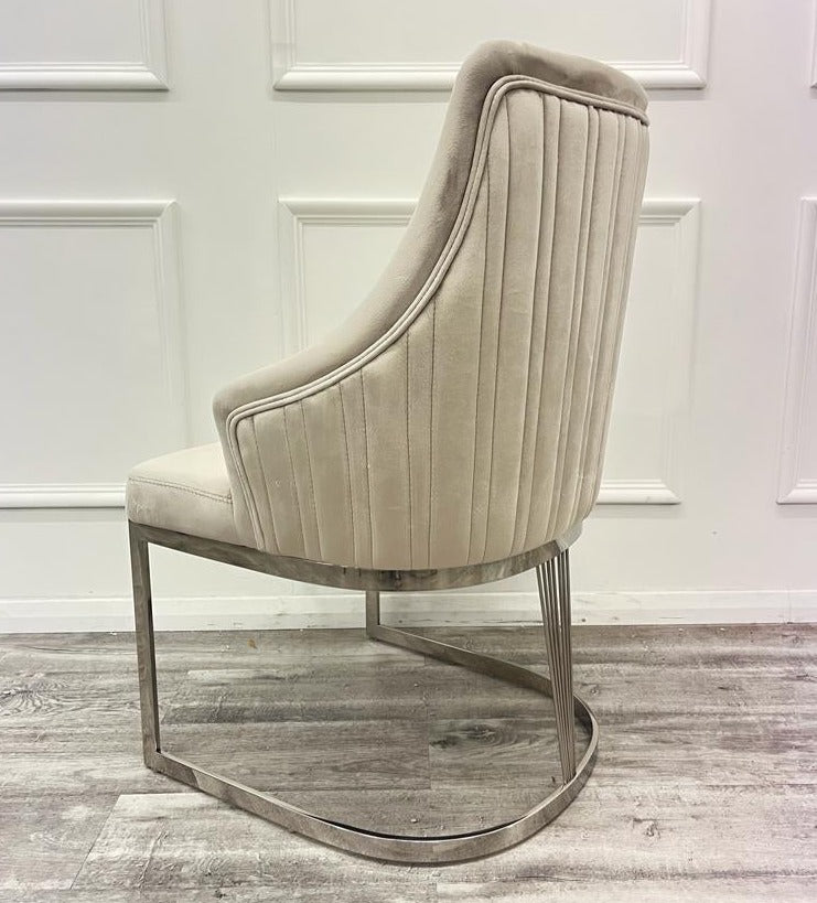 Premium Chelmsford Cream Velvet Dining Chair, modern design, vertical ribbed stitch back. Ultimate contemporary vibe. High Quality gold stainless steal base