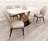 The Orion Dining Table with chairs with white sintered stone top and gold base, upscale home furnishings elegant dining sets, premium tables, marble tables,