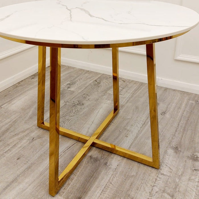 Juno Dining Table 4 Chairs. The Juno Dining Table, polar white sintered stone top and a gold base, dining sets, premium tables, marble tables with chairs