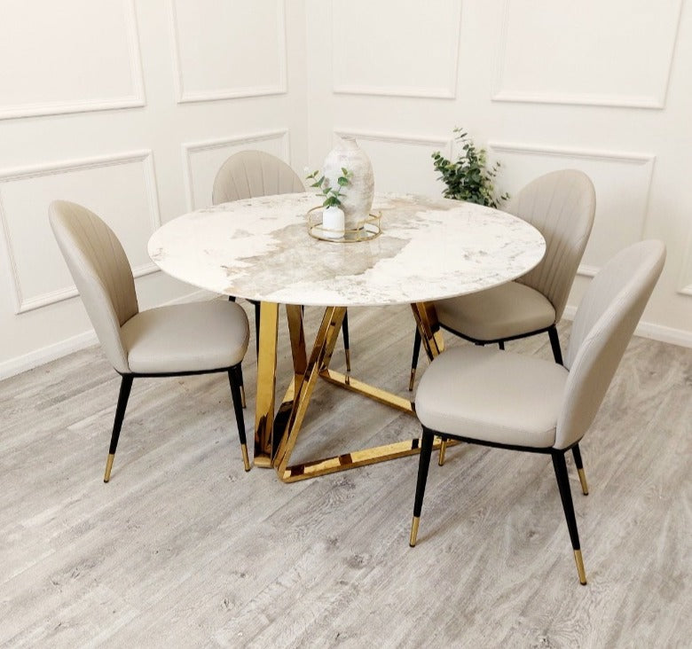 Nero 1.3M Round Dining Table Etta Chairs, polar white sintered stone top, contemporary dining table sets, marble tables, high-end chairs, luxury furniture