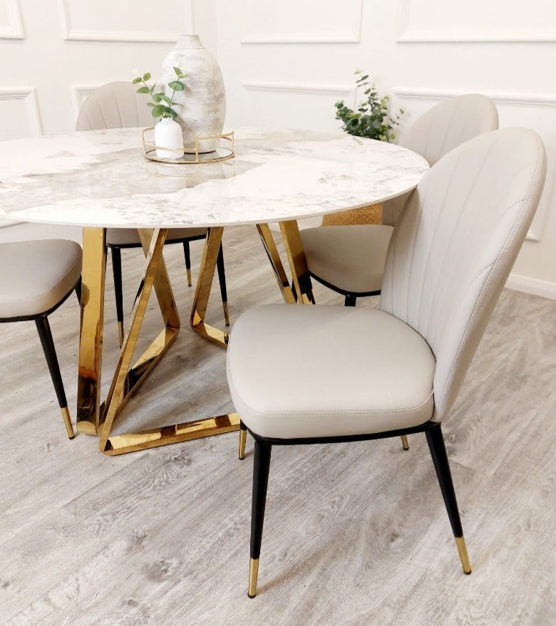 Nero 1.3M Round Dining Table Etta Chairs, polar white sintered stone top, contemporary dining table sets, marble tables, high-end chairs, luxury furniture