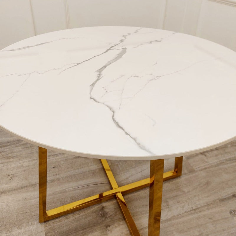 Juno Dining Table 4 Chairs. The Juno Dining Table, polar white sintered stone top and a gold base, dining sets, premium tables, marble tables with chairs