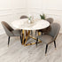 The Titus Dining Table statement dining set, boasting a 140cm tabletop marble effect veneer, sleek black legs, leather chairs, full luxury dining set