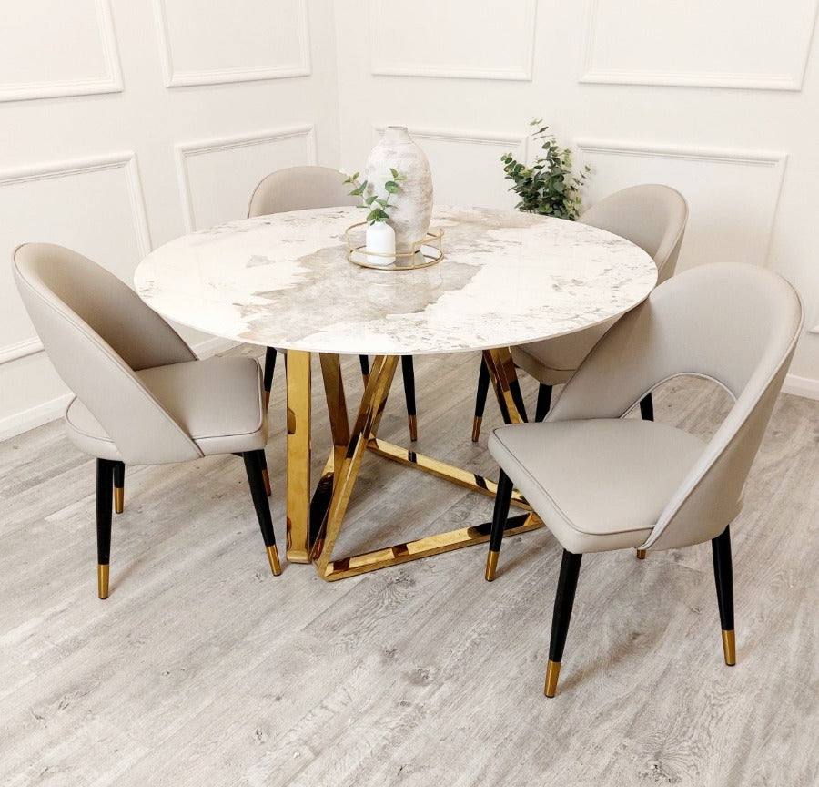 The Nero Dining Table, pandora gold, sintered stone top, gold base, contemporary dining table, luxury leather chairs, glam dining furniture, home furniture 