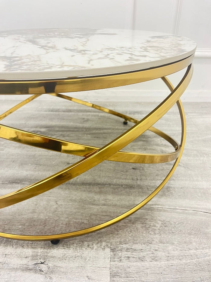 Coffee table features pandora sintered stone tops Spiro Round Coffee Gold Table 80cm round x 43cm high, stunning glam coffee table, luxury coffee table 