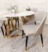 The Nero Dining Table, pandora gold, sintered stone top, gold base, contemporary dining table, luxury leather chairs, glam dining furniture, home furniture 