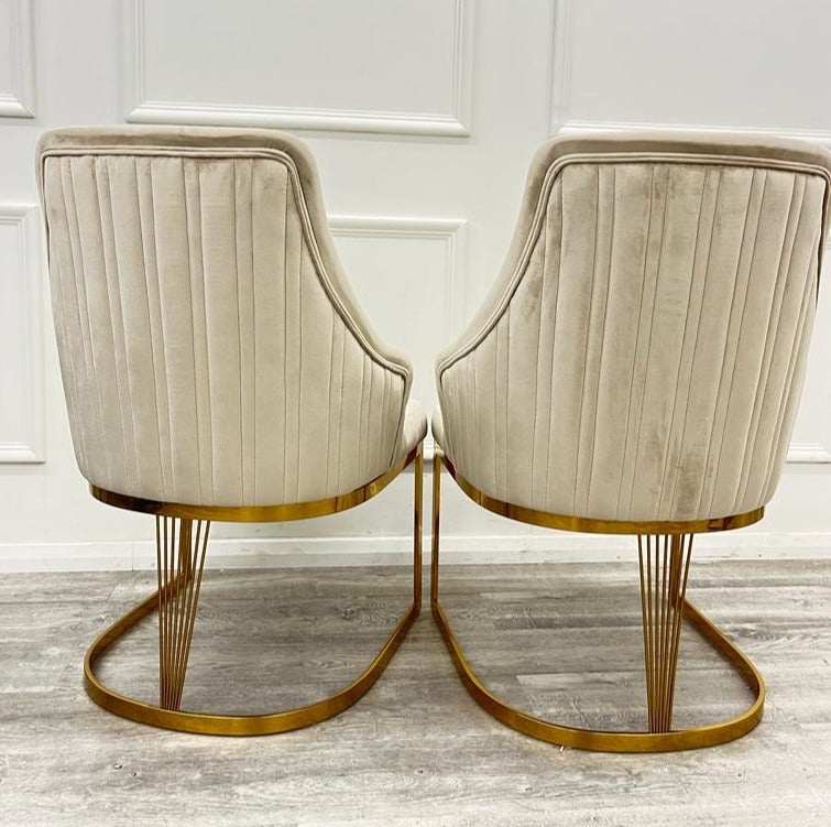 Premium Chelmsford Cream Velvet Dining Chair, modern design, vertical ribbed stitch back. Ultimate contemporary vibe. High Quality gold stainless steal base 