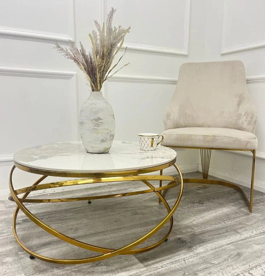 Premium Chelmsford Cream Velvet Dining Chair, modern design, vertical ribbed stitch back. Ultimate contemporary vibe. High Quality gold stainless steal base 