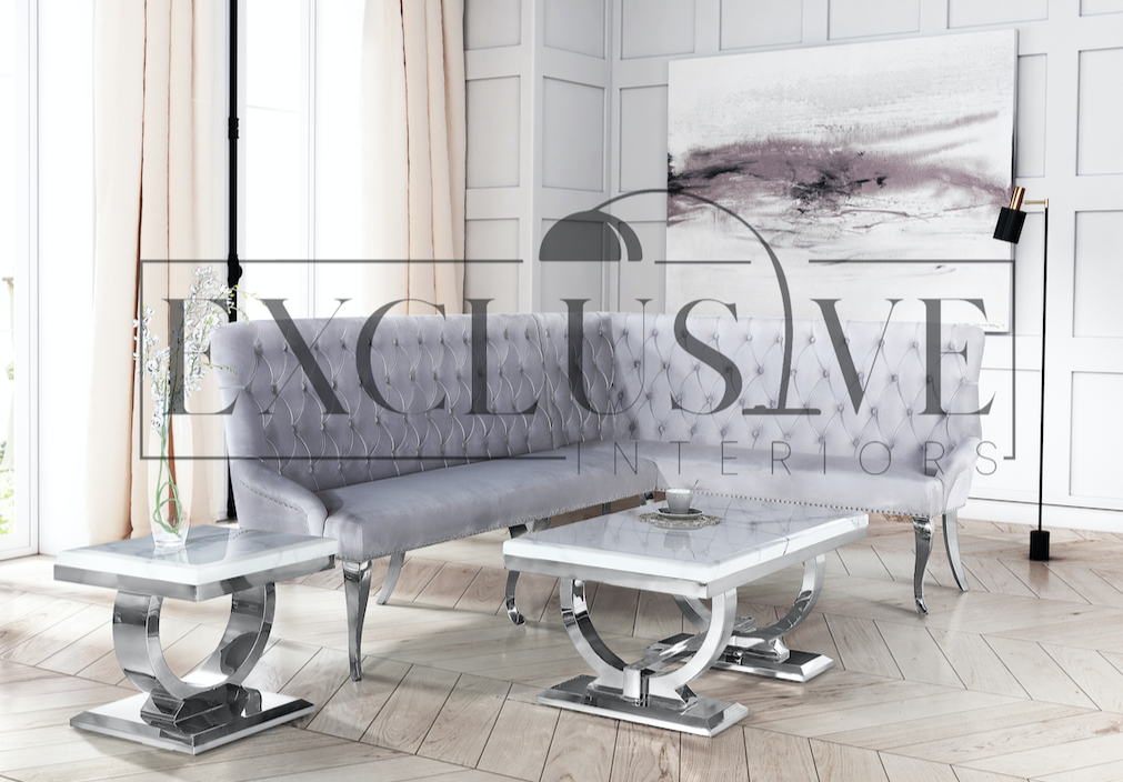 Louis mirrored dining table with 4 discount grey chairs and bench in velvet