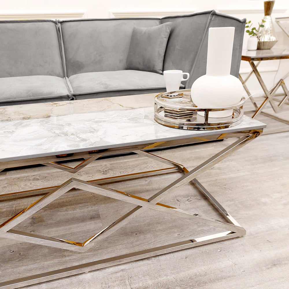 Vesta Chrome Coffee Table Ash Sintered Stone Top Ultra-chic high end coffee table, luxury tables, opulent styles premium design coffee tables, luxury tables