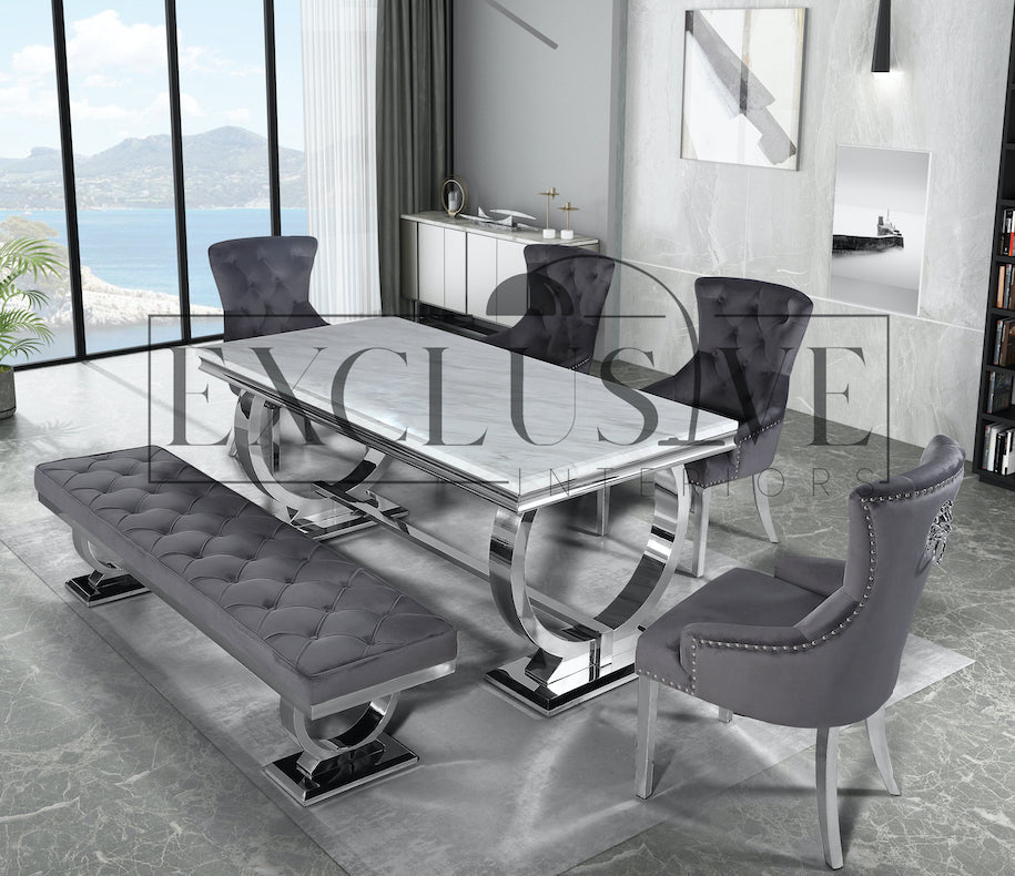 Arriana Dining Table Marble Top or Glass Finish Exclusive Interiors premium tables, marble tables, high-end chairs, genuine luxury furniture, home furnishings, chrome legs