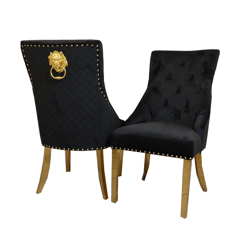 Black Bentley Dining Chairs, high end furniture. Featuring stunning quilted back detail, signature chrome lion knocker, quality studded border detail velvet fabric