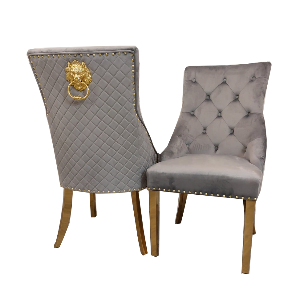 Bentley Dining Chairs, high end furniture. Featuring stunning quilted back detail, signature chrome lion knocker, quality studded border detail velvet fabric grey