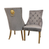 Bentley Dining Chairs, high end furniture. Featuring stunning quilted back detail, signature chrome lion knocker, quality studded border detail velvet fabric grey