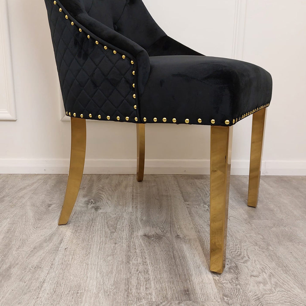 black Bentley Dining Chairs, high end furniture. Featuring stunning quilted back detail, signature chrome lion knocker, quality studded border detail velvet fabric