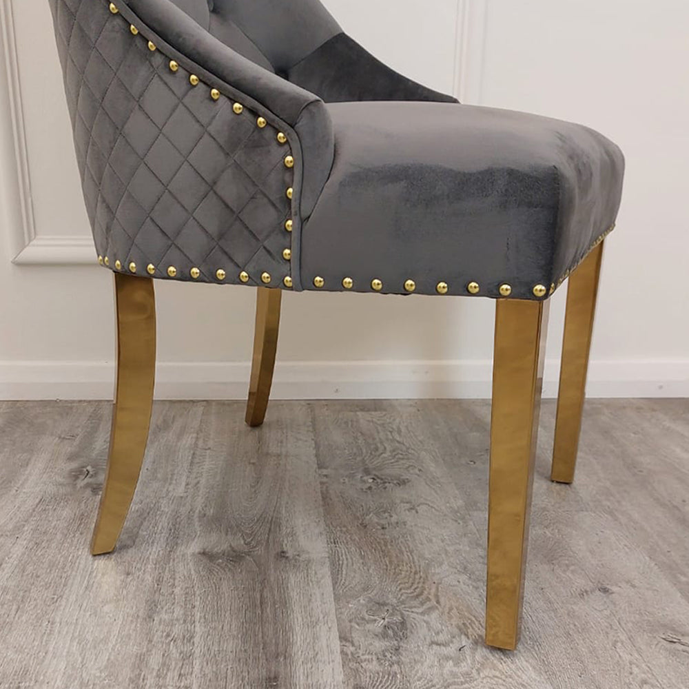 Bentley Dining Chairs, high end furniture. Featuring stunning quilted back detail, signature chrome lion knocker, quality studded border detail velvet fabric in grey