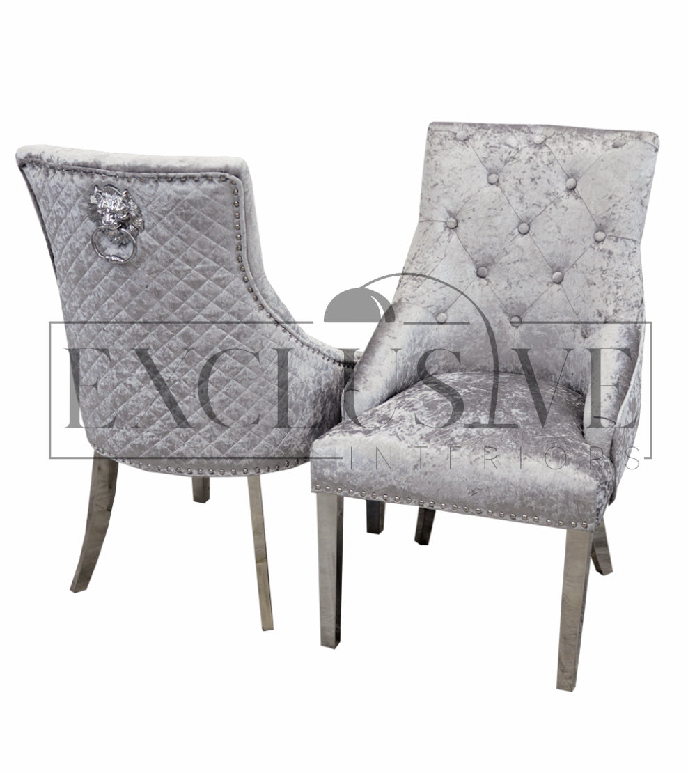 Bentley Chrome Chairs, velvet chair, lion knocker chairs, studded dining chair, luxury dining chairs, premium dining chairs, chrome dining chairs, comfortable dining chairs, fancy chairs. 