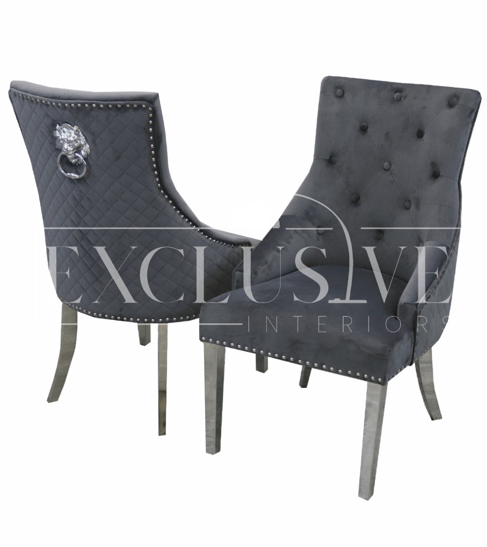 Bentley Chrome Chairs, velvet chair, lion knocker chairs, studded dining chair, luxury dining chairs, premium dining chairs, chrome dining chairs, comfortable dining chairs, fancy chairs. 