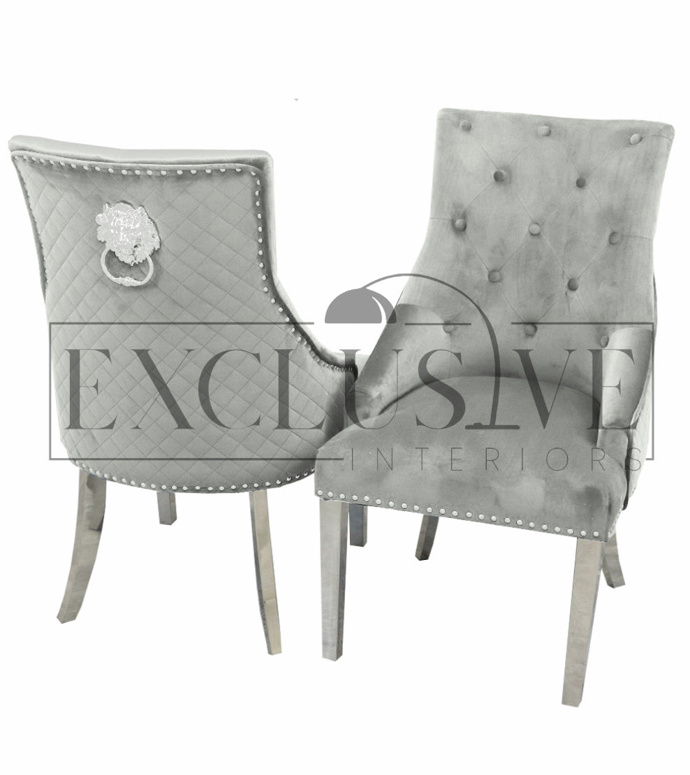 Bentley Chrome Chairs, velvet chair, lion knocker chairs, studded dining chair, luxury dining chairs, premium dining chairs, chrome dining chairs, comfortable dining chairs, fancy chairs. 