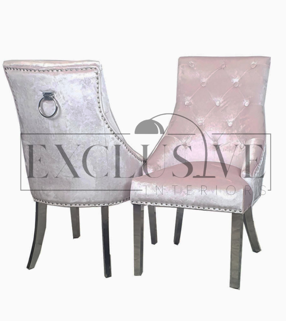 Duke Dining Chairs Soft Velvet Fabric Chrome Knocker & Legs luxury dining chairs, premium chairs, fancy dining chairs, velvet chairs, studded dining chairs cream