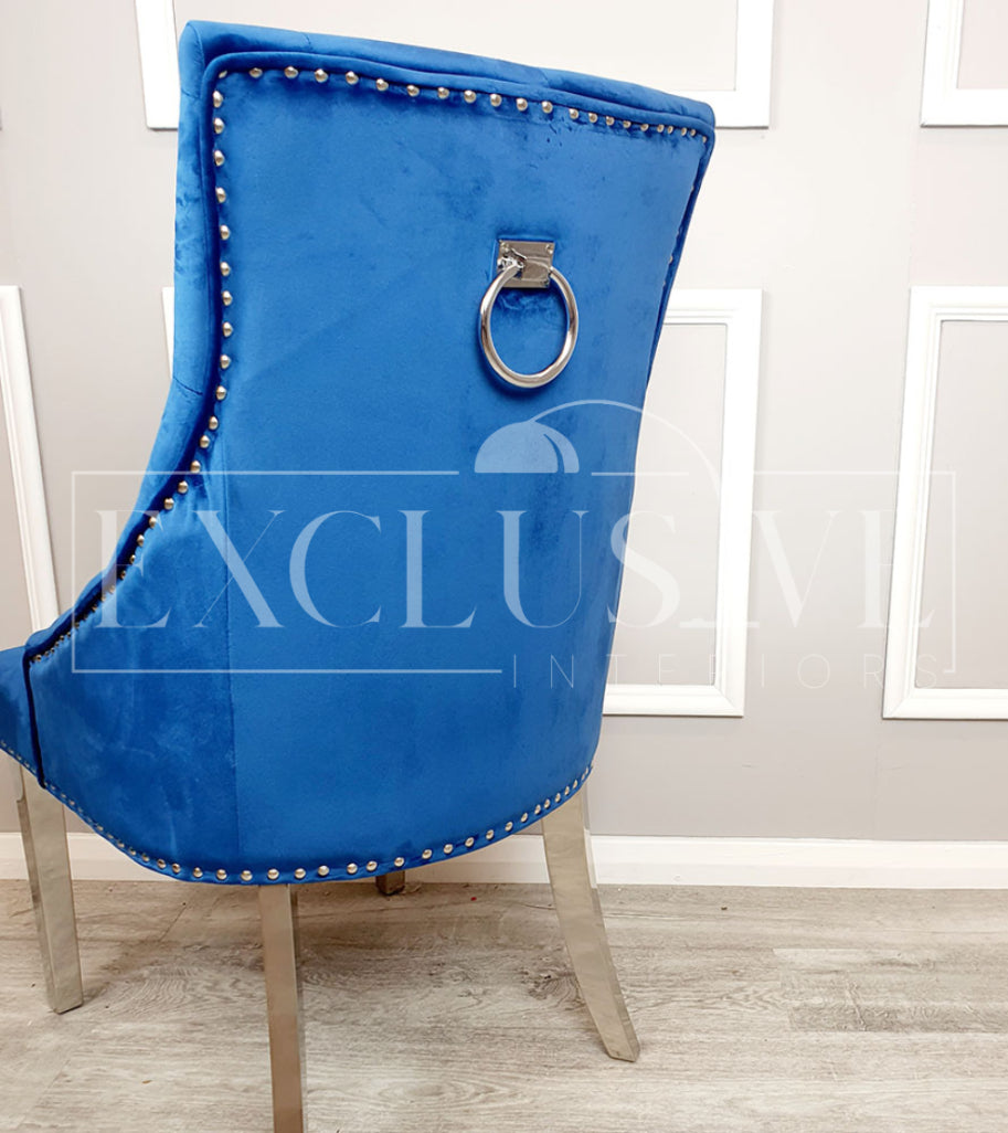 Duke Dining Chairs Soft Velvet Fabric Chrome Knocker & Legs luxury dining chairs, premium chairs, fancy dining chairs, velvet chairs, studded dining chairs in blue