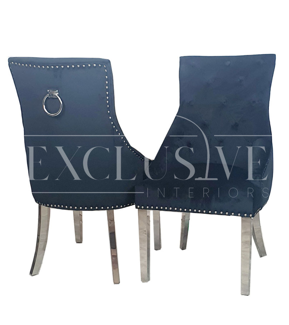 Duke Dining Chairs Soft Velvet Fabric Chrome Knocker & Legs luxury dining chairs, premium chairs, fancy dining chairs, velvet chairs, studded dining chairs