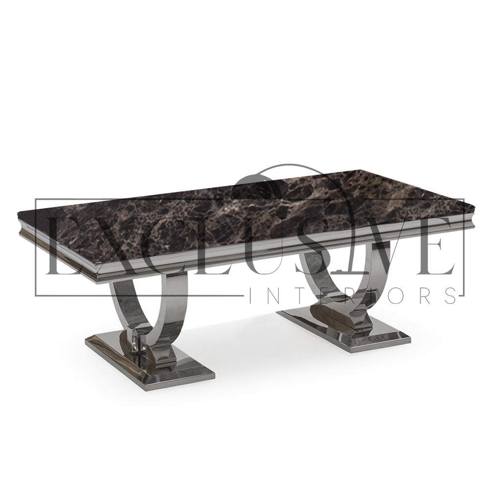 Ultra-chic and high end coffee table, marble or glass top is supported by a polished stainless steel base. white glass, black glasses, grey marble coffee tables living room furnishings, premium design coffee tables, chic coffee table, luxury tables, opulent styles, luxurious style modern design, black marble