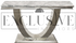 Ultra-chic glamorous marble or glass top console table with polished stainless steel swooping base, high-end table, premium luxury, chic table home furnishings , light marble table top, exclusive home furniture contemporary design