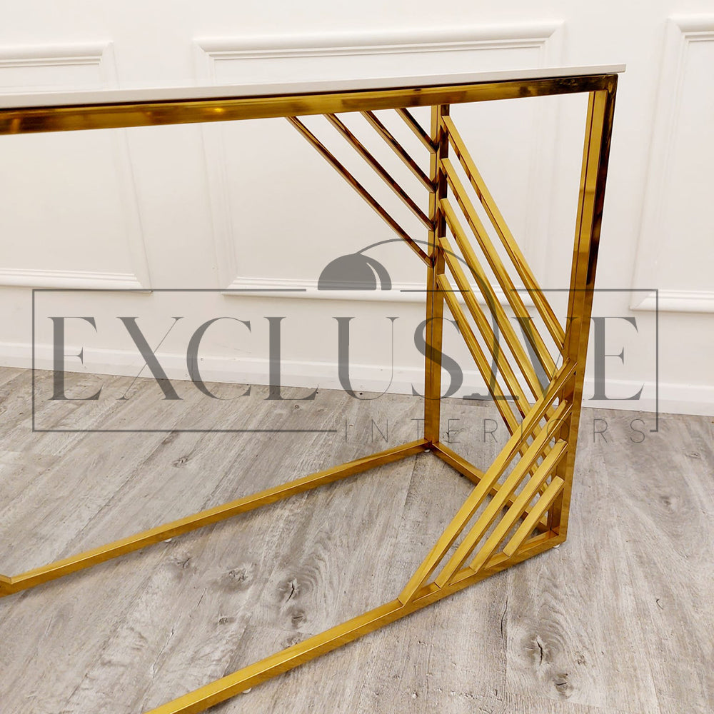 Azure Gold Console Table with Polar White Sintered Top. Create a beautiful centre piece for your lounge and living spaces. Luxury furnishings, stylish tables.