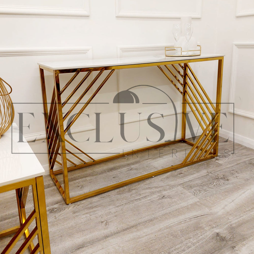 Azure Gold Console Table with Polar White Sintered Top. Create a beautiful centre piece for your lounge and living spaces. Luxury furnishings, stylish tables.