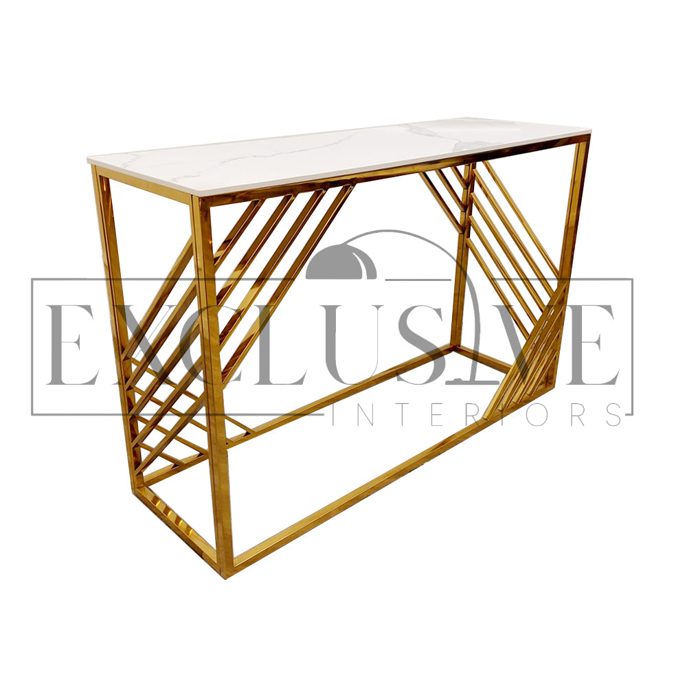 Azure Gold Console Table with Polar White Sintered Top. Create a beautiful centre piece for your lounge and living spaces. Luxury furnishings, stylish tables.