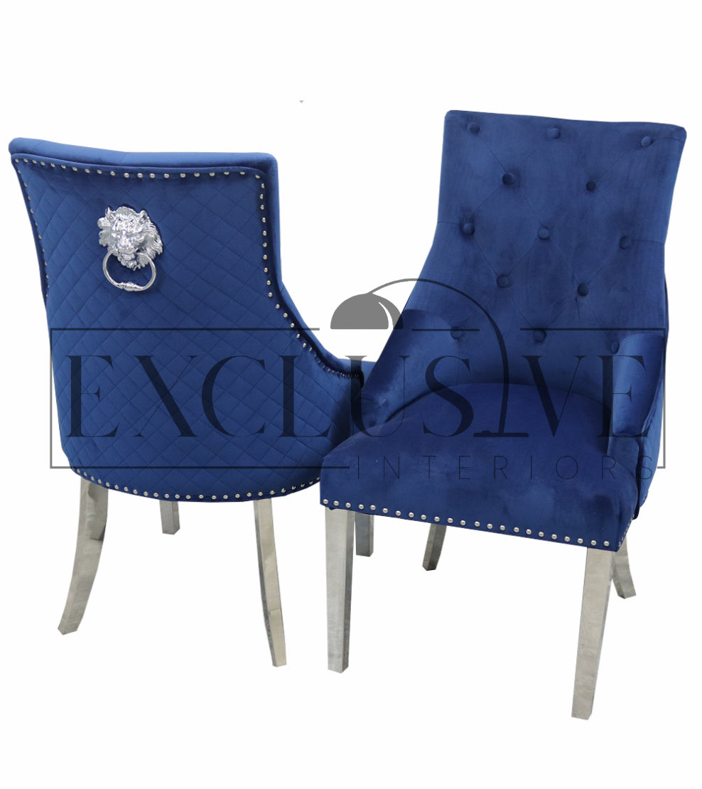 Bentley Chrome Chairs, velvet chair, lion knocker chairs, studded dining chair, luxury dining chairs, premium dining chairs, chrome dining chairs, comfortable dining chairs, fancy chairs. 