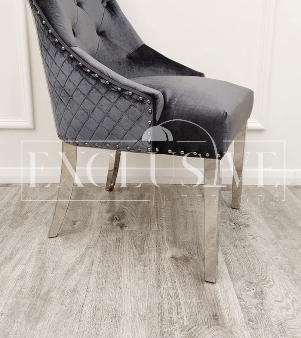 Bentley Chrome Chairs, velvet chair, lion knocker chairs, studded dining chair, luxury dining chairs, premium dining chairs, chrome dining chairs, comfortable dining chairs, fancy chairs. grey chair