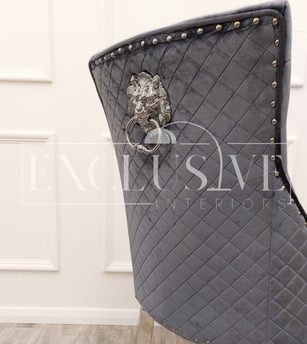 Bentley Chrome Chairs, velvet chair, lion knocker chairs, studded dining chair, luxury dining chairs, premium dining chairs, chrome dining chairs, comfortable dining chairs, fancy chairs. 