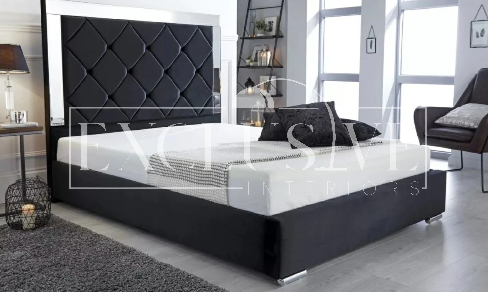 Cambridge Mirror Bed Diamond Pattern Velvet Fabric Upscale home furnishings with exclusive furniture, stylish stools, luxury beds, elegant dining sets, premium tables, marble tables, high-end chairs, genuine luxury furniture, upholstered beds