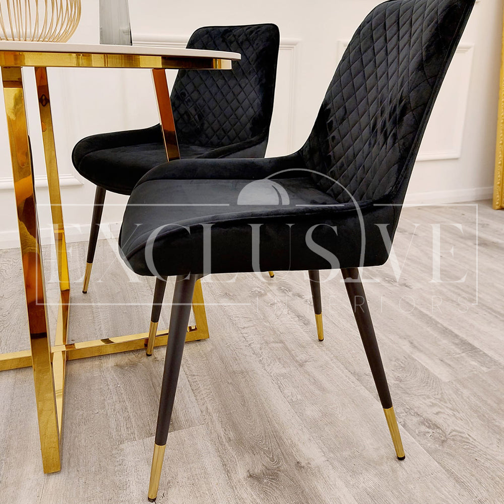 Beautiful Luna Velvet Dining Chair Scandinavian style cross stitch back detail gold tipped black legs. Comfortable luxury chairs, opulent dining chairs styles in black