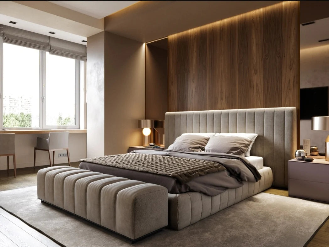 Grand Design Wide Headboard Panelled Bed Frame, wide layout, strong bed frame, wide bed, add gas lift storage, ottoman, large bed. Celebrity bed Hotel bed 