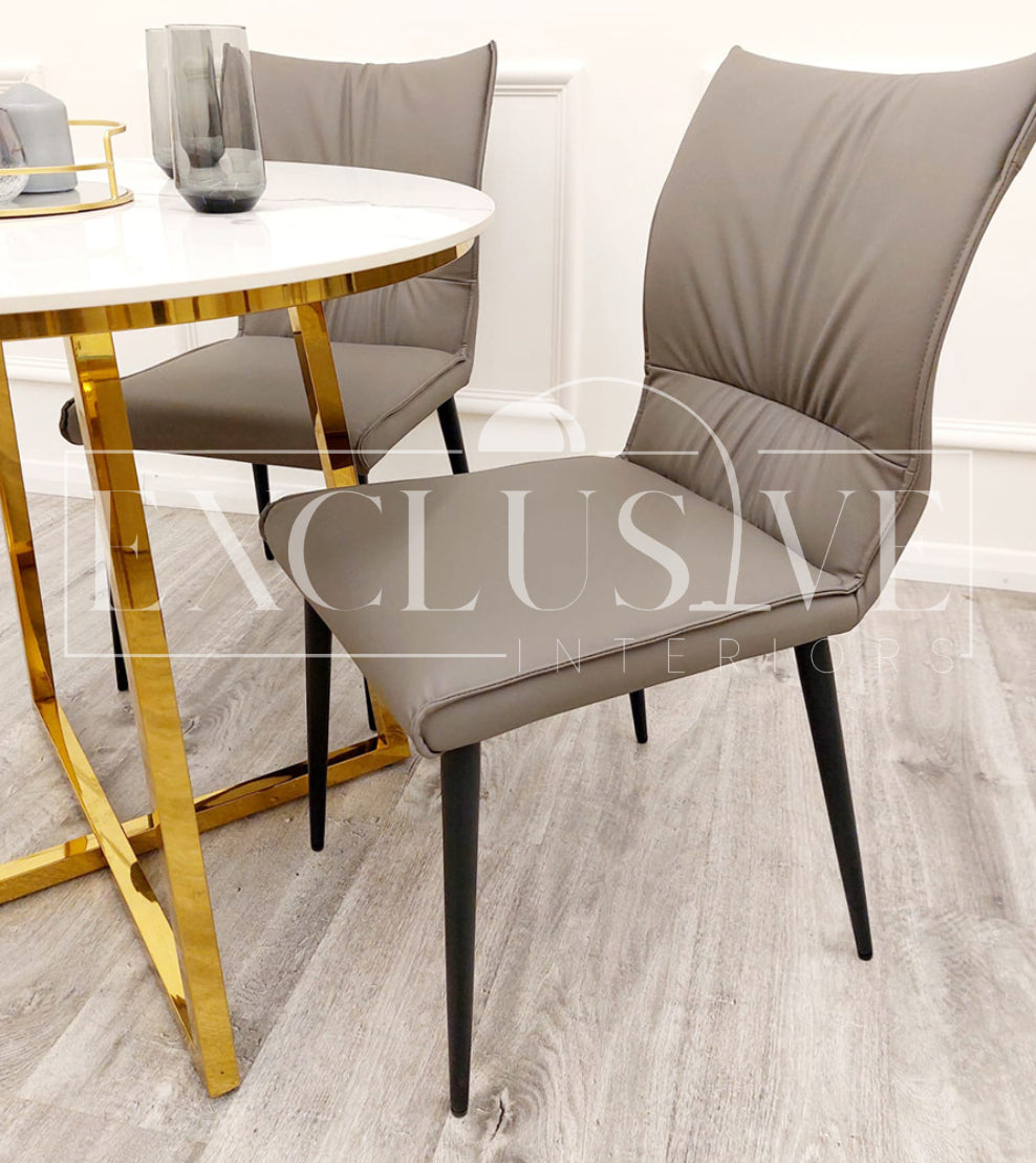 Contemporary Flora Chairs in Grey, Tan and Khaki Leather, luxury dining chairs, premium chairs, fancy dining chairs, family dining, comfortable dining seating