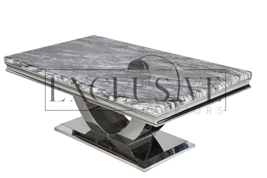 Ultra-chic and high end coffee table, marble or glass top is supported by a polished stainless steel base. white glass, black glasses, grey marble coffee tables living room furnishings, premium design coffee tables, chic coffee table, luxury tables, opulent styles, luxurious style modern design