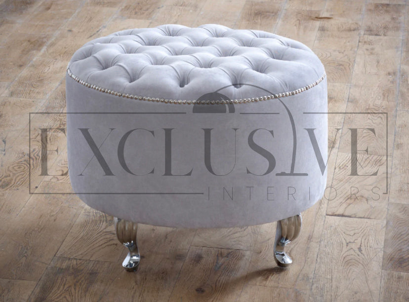 Soft padded round footstool/pouffe upholstered quality fabric. Stylish curved feet diamante or matching fabric buttons for upholstered, Luxury small footstool