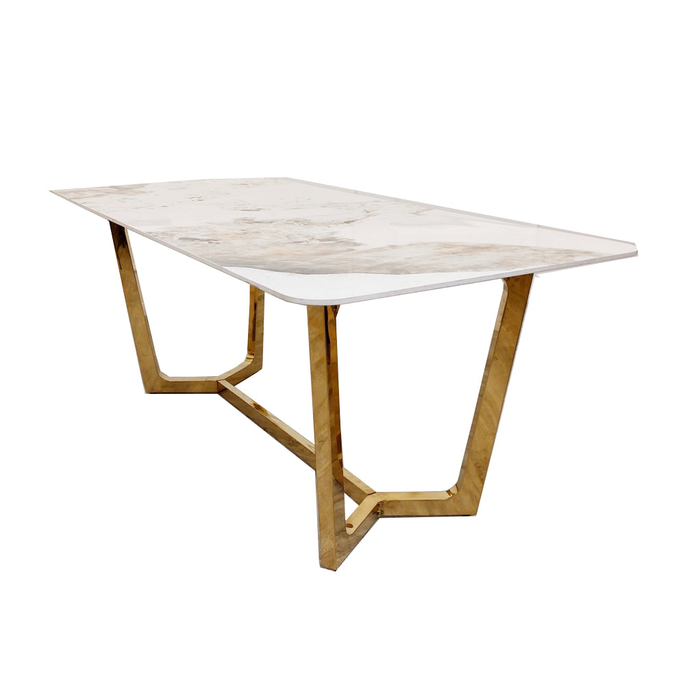 Gorgeous Lucien 1.8 Gold Dining Table Polar White Sintered Stone Top eye catching design, exclusive table, arty sculptured dining table, gold pandora base