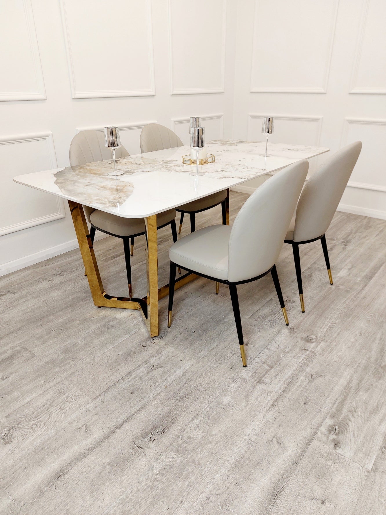 Gorgeous Lucien 1.8 Gold Dining Table Polar White Sintered Stone Top eye catching design, exclusive table, arty sculptured dining table, gold pandora base