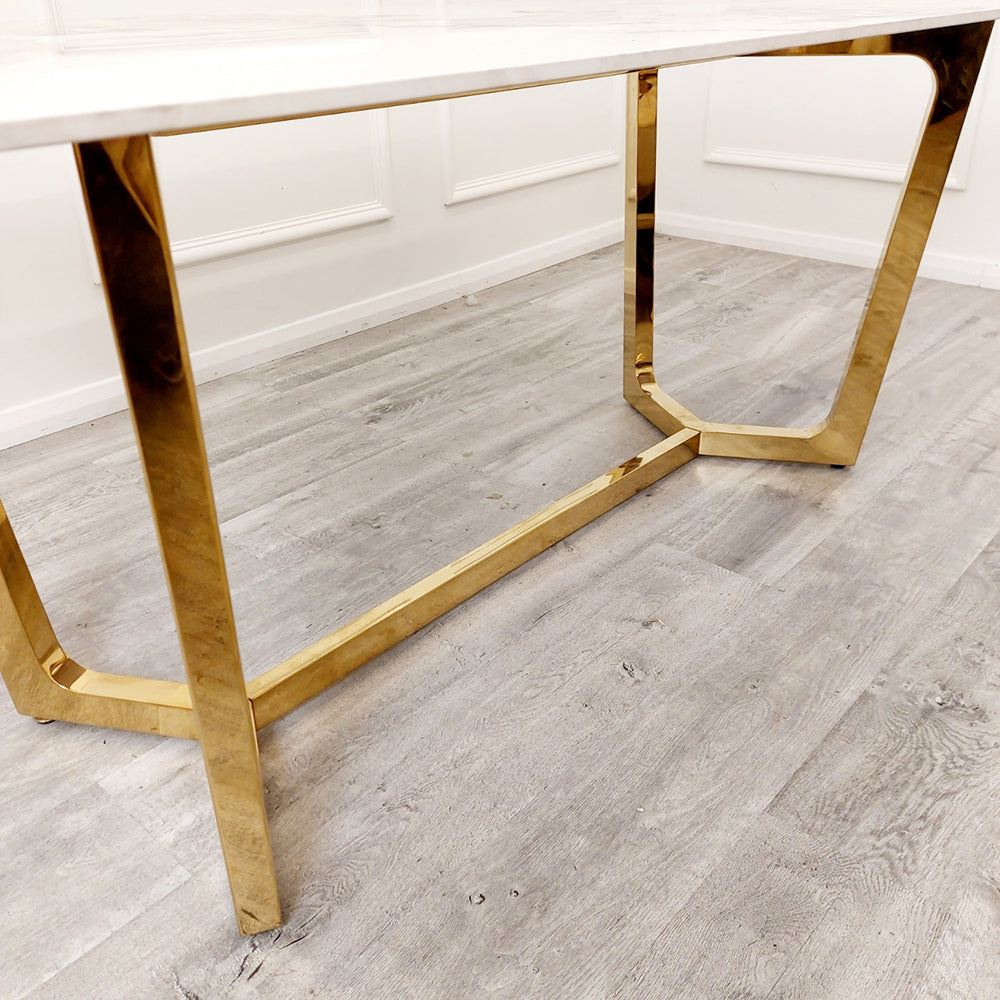 Gorgeous Lucien 1.8 Gold Dining Table Polar White Sintered Stone Top eye catching design, exclusive table, arty sculptured dining table, gold pandora base