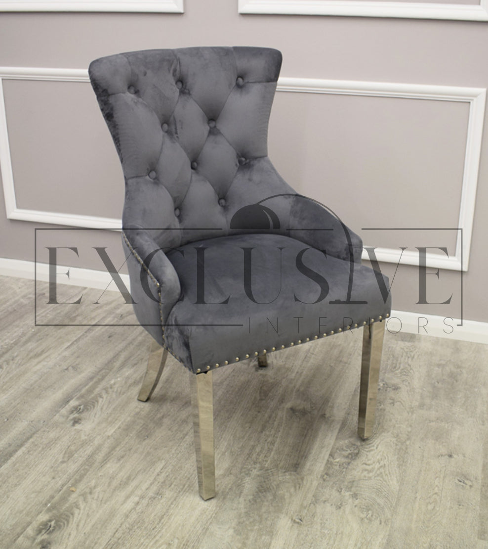 Contemporary Dining Chairs high-end chairs & stools, premium designed chairs. Modern and luxurious styled dining furniture, opulent chairs, comfortable seating lion knocker, grey velvet