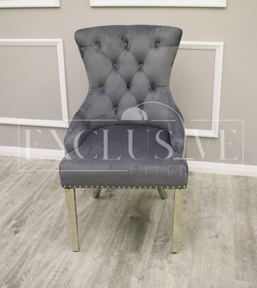 Contemporary Dining Chairs high-end chairs & stools, premium designed chairs. Modern and luxurious styled dining furniture, opulent chairs, comfortable seating lion knocker, grey velvet