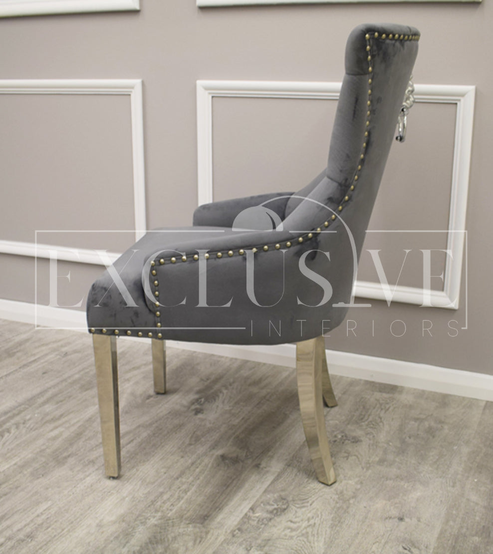 Contemporary Dining Chairs high-end chairs & stools, premium designed chairs. Modern and luxurious styled dining furniture, opulent chairs, comfortable seating lion knocker, grey velvet