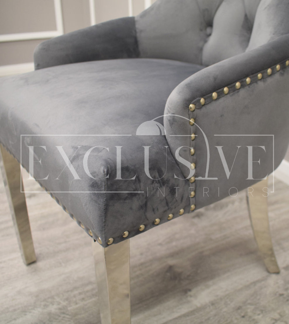 Contemporary Dining Chairs high-end chairs & stools, premium designed chairs. Modern and luxurious styled dining furniture, opulent chairs, comfortable seating lion knocker, grey velvet