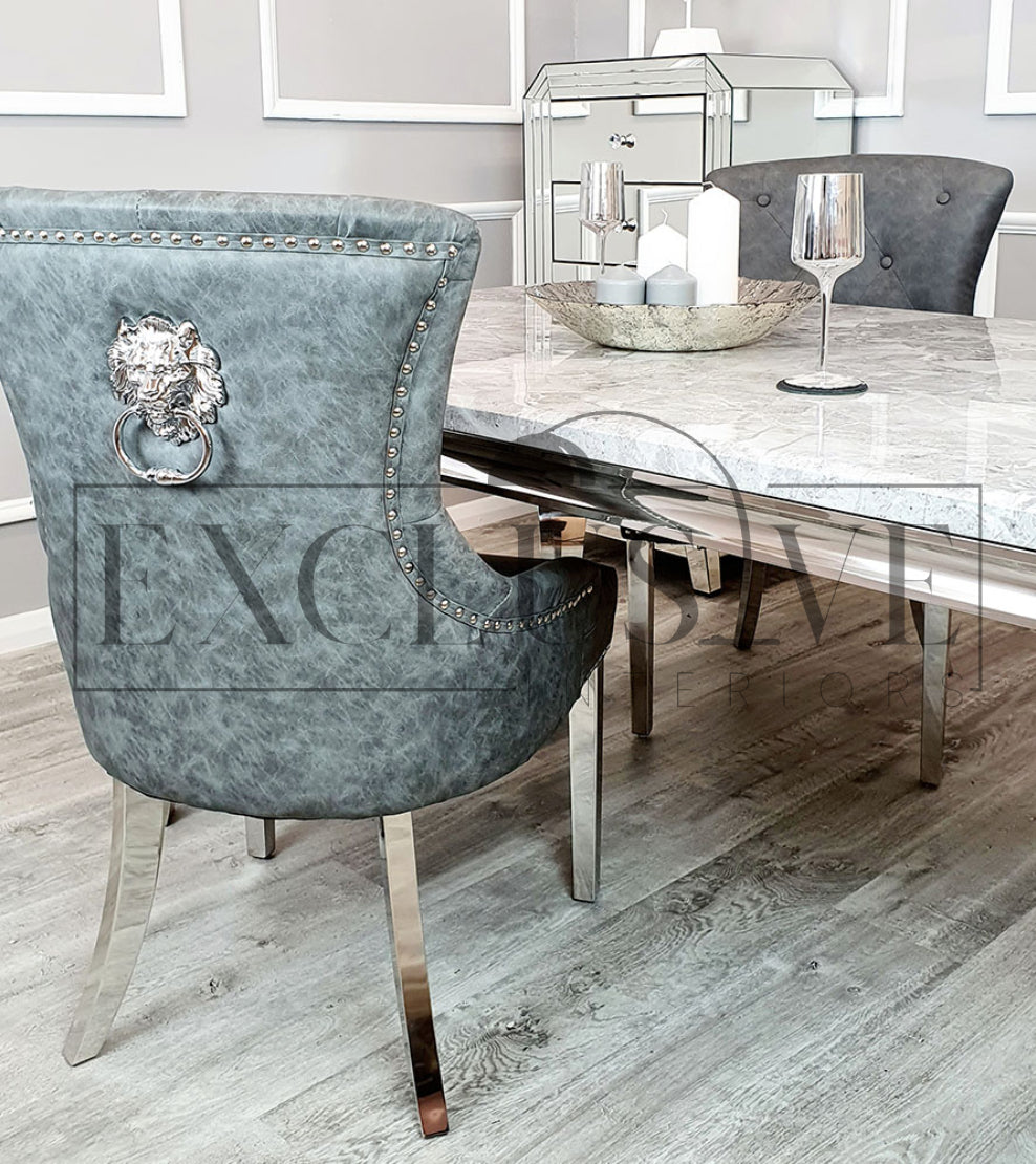 Contemporary Dining Chairs high-end chairs & stools, premium designed chairs. Modern and luxurious styled dining furniture, opulent chairs, comfortable seating lion knocker, grey leather